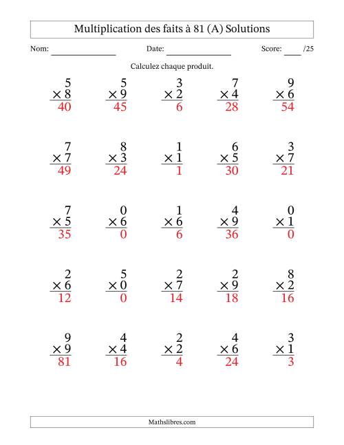 Multiplication des faits à 81 (25 Questions) (Avec zéros) (A) page 2