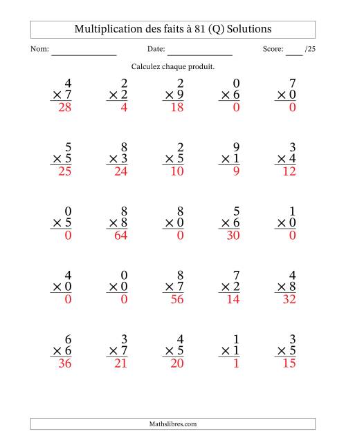 Multiplication des faits à 81 (25 Questions) (Avec zéros) (Q) page 2