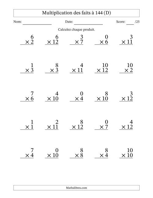Multiplication des faits à 144 (25 Questions) (Avec zéros) (D)