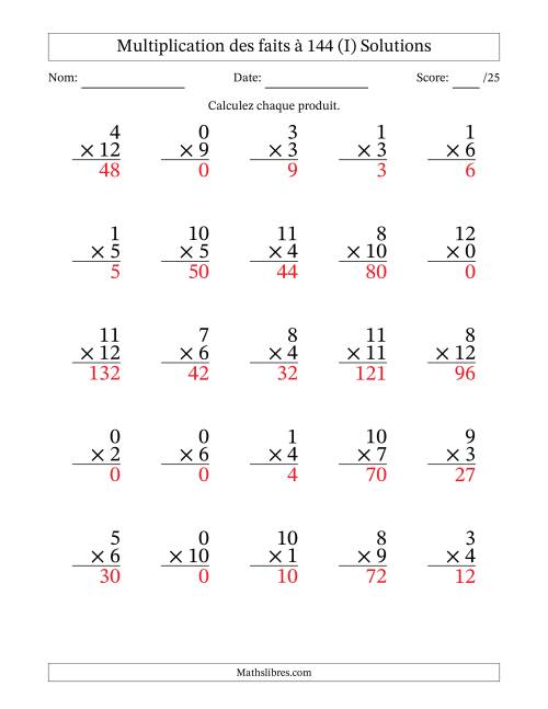 Multiplication des faits à 144 (25 Questions) (Avec zéros) (I) page 2
