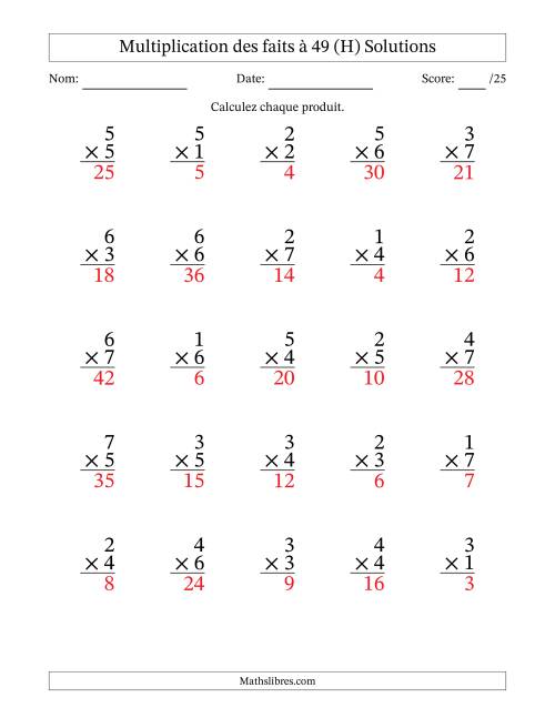 Multiplication des faits à 49 (25 Questions) (Pas de Zeros) (H) page 2