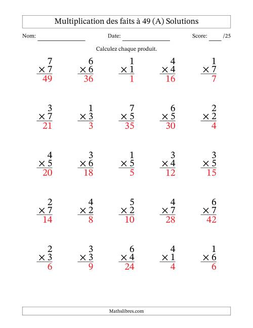 Multiplication des faits à 49 (25 Questions) (Pas de Zeros) (Tout) page 2