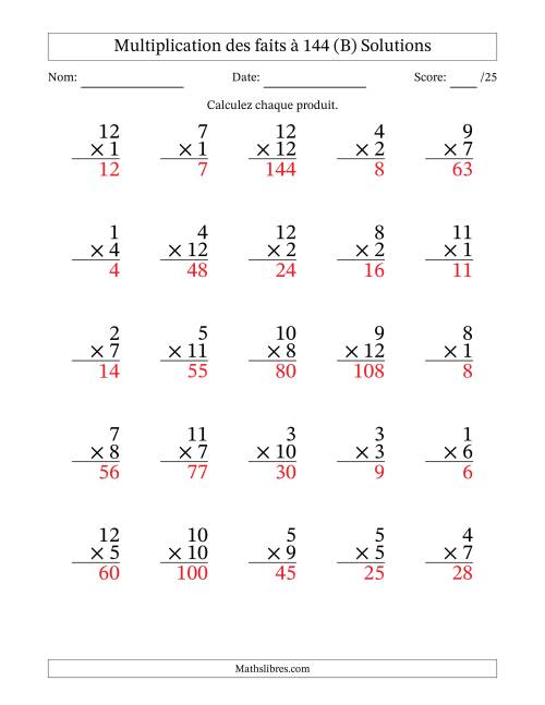 Multiplication des faits à 144 (25 Questions) (Pas de zéros) (B) page 2