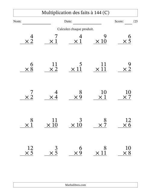 Multiplication des faits à 144 (25 Questions) (Pas de zéros) (C)