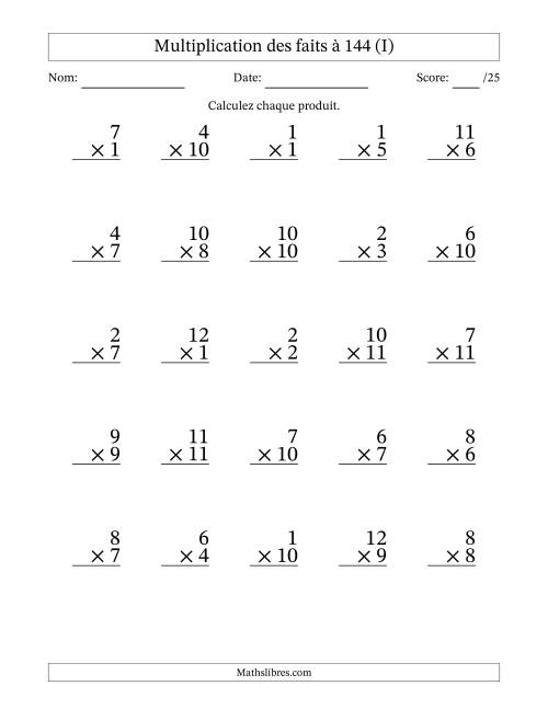 Multiplication des faits à 144 (25 Questions) (Pas de zéros) (I)