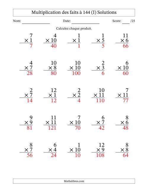 Multiplication des faits à 144 (25 Questions) (Pas de zéros) (I) page 2
