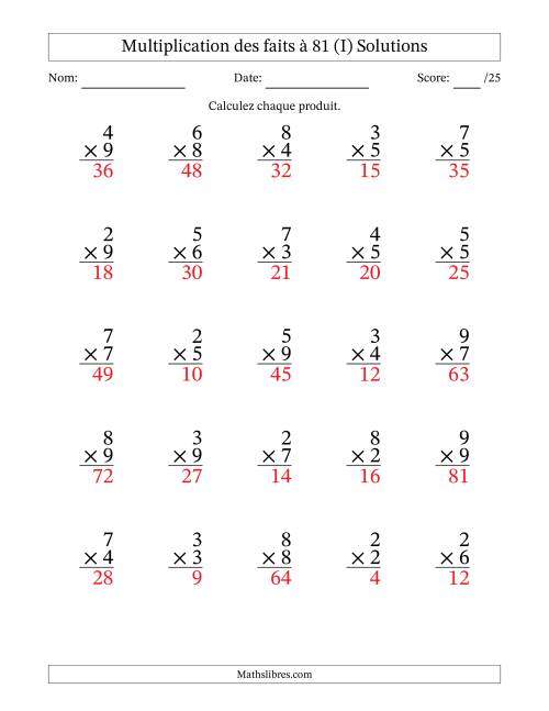 Multiplication des faits à 81 (25 Questions) (Pas de zéros ni de uns) (I) page 2