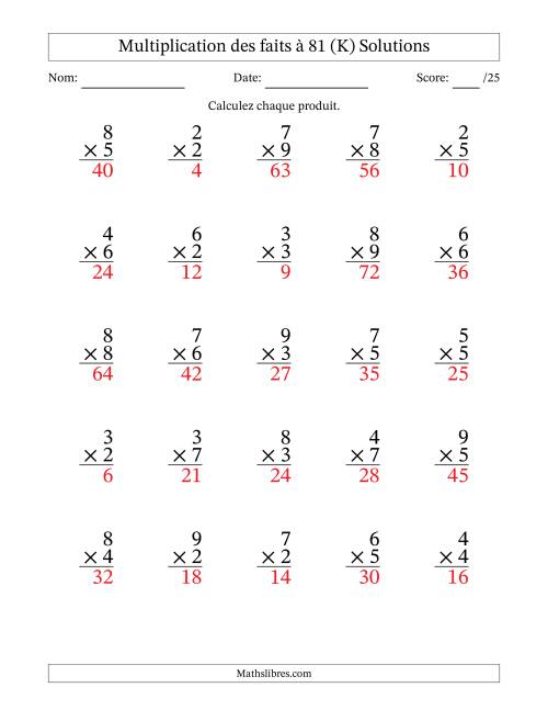Multiplication des faits à 81 (25 Questions) (Pas de zéros ni de uns) (K) page 2