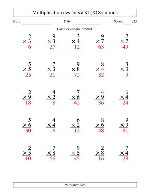 Multiplication des faits à 81 (25 Questions) (Pas de zéros ni de uns) (X) page 2