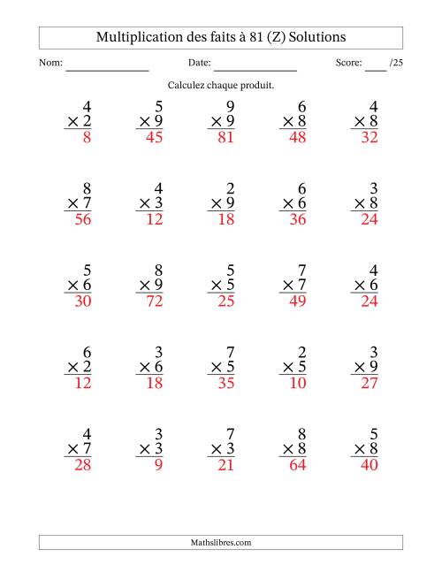Multiplication des faits à 81 (25 Questions) (Pas de zéros ni de uns) (Z) page 2