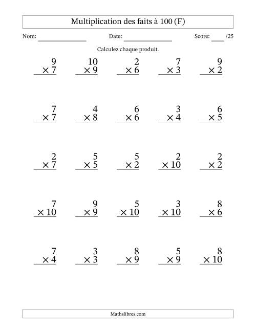 Multiplication des faits à 100 (25 Questions) (Pas de zéros ni de uns) (F)