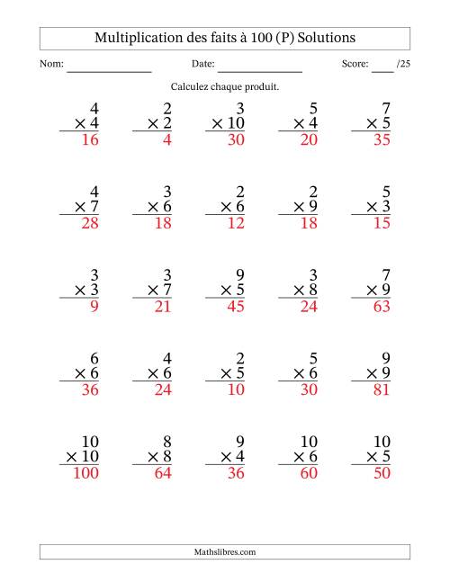 Multiplication des faits à 100 (25 Questions) (Pas de zéros ni de uns) (P) page 2