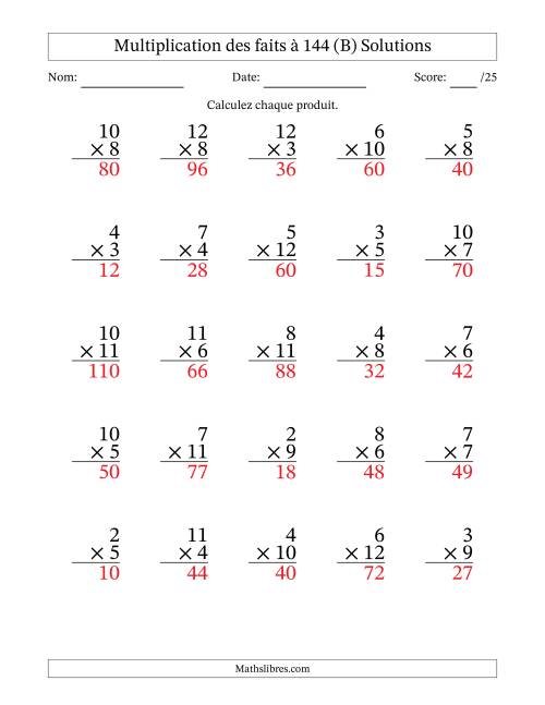 Multiplication des faits à 144 (25 Questions) (Pas de zéros ni de uns) (B) page 2