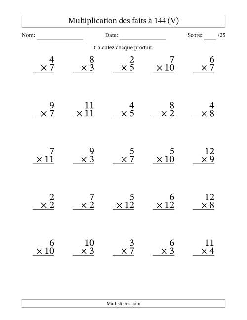 Multiplication des faits à 144 (25 Questions) (Pas de zéros ni de uns) (V)