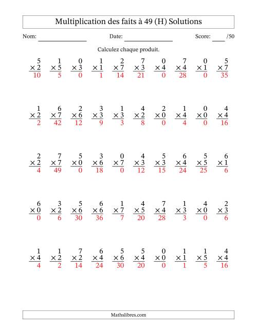 Multiplication des faits à 49 (50 Questions) (Avec Zeros) (H) page 2