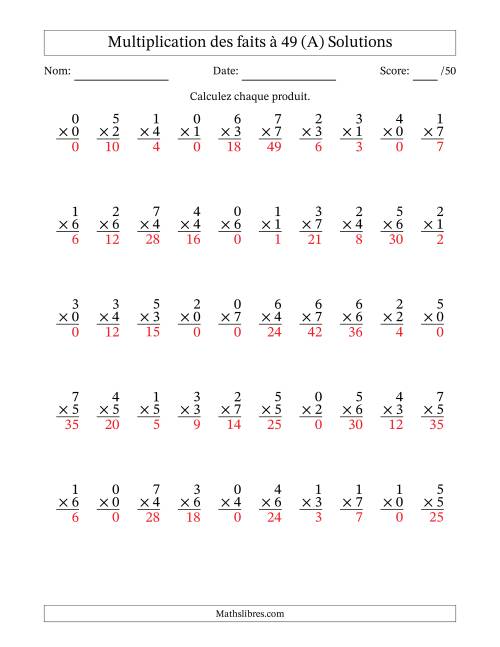 Multiplication des faits à 49 (50 Questions) (Avec Zeros) (Tout) page 2