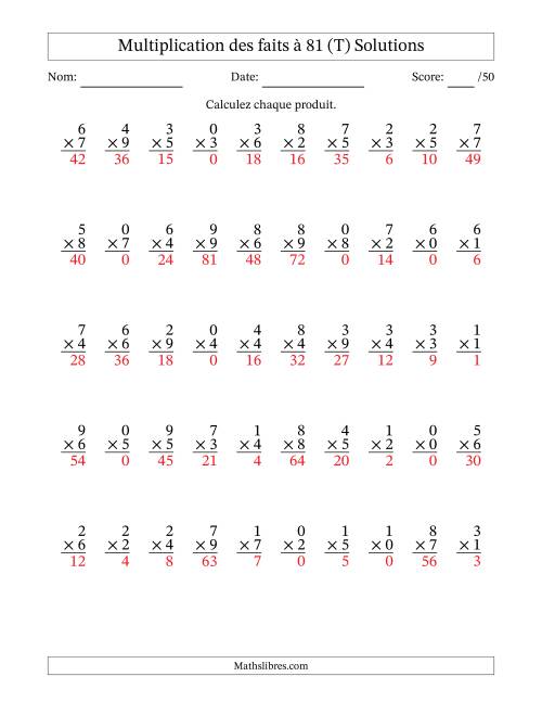 Multiplication des faits à 81 (50 Questions) (Avec zéros) (T) page 2