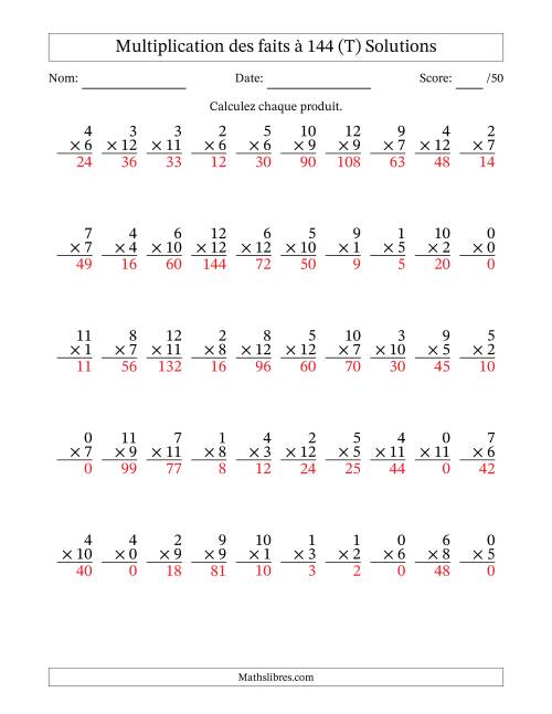 Multiplication des faits à 144 (50 Questions) (Avec zéros) (T) page 2