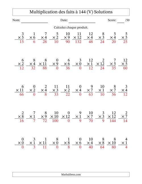 Multiplication des faits à 144 (50 Questions) (Avec zéros) (V) page 2