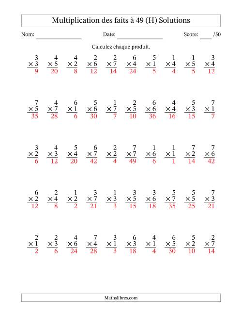 Multiplication des faits à 49 (50 Questions) (Pas de Zeros) (H) page 2