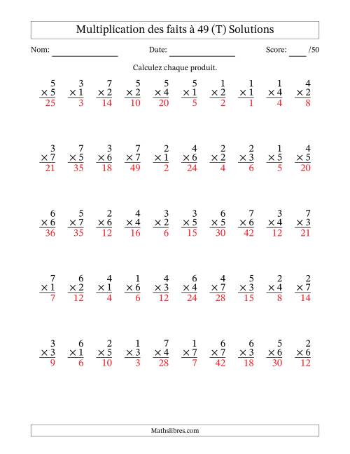 Multiplication des faits à 49 (50 Questions) (Pas de Zeros) (T) page 2