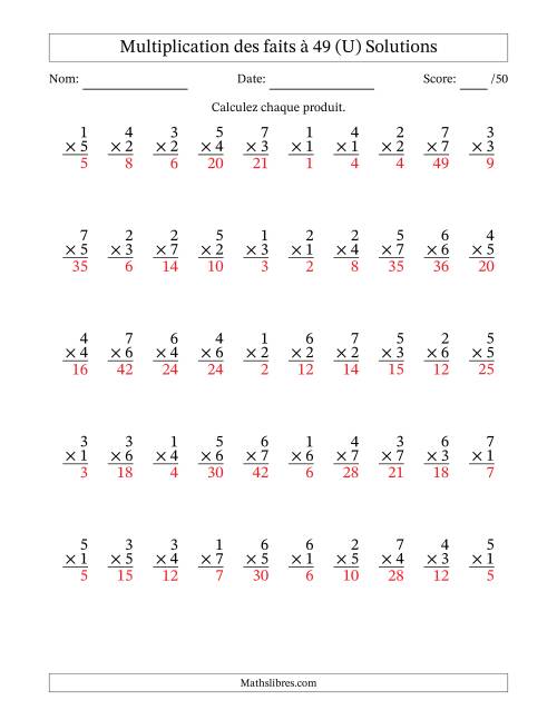 Multiplication des faits à 49 (50 Questions) (Pas de Zeros) (U) page 2