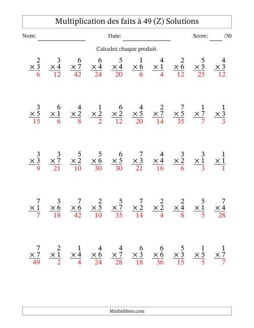 Multiplication des faits à 49 (50 Questions) (Pas de Zeros) (Z) page 2