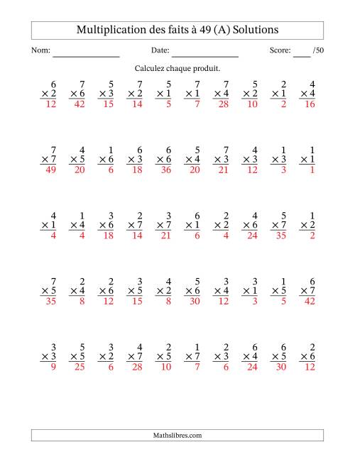 Multiplication des faits à 49 (50 Questions) (Pas de Zeros) (Tout) page 2