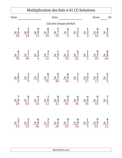 Multiplication des faits à 81 (50 Questions) (Pas de zéros) (J) page 2
