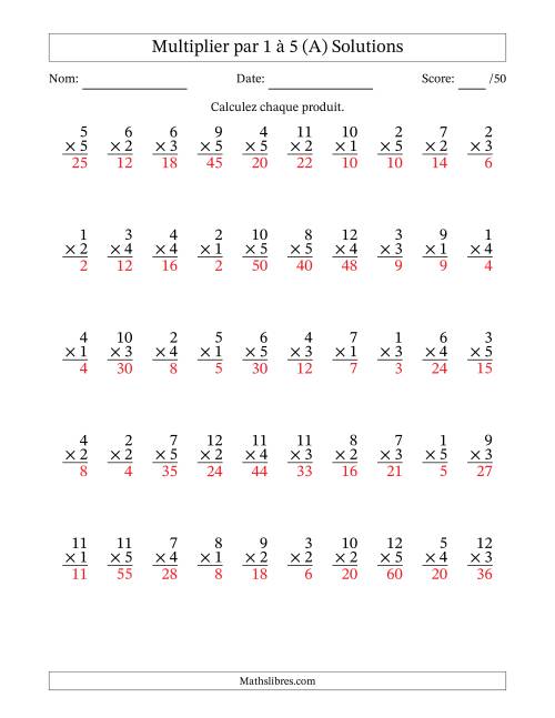 Multiplier (1 à 12) par 1 à 5 (50 Questions) (A) page 2