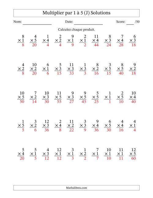 Multiplier (1 à 12) par 1 à 5 (50 Questions) (J) page 2