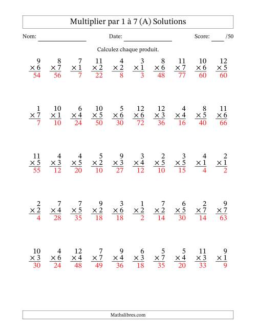 Multiplier (1 à 12) par 1 à 7 (50 Questions) (A) page 2