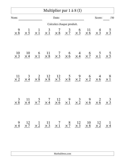 Multiplier (1 à 12) par 1 à 8 (50 Questions) (I)