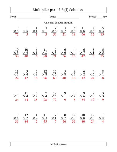 Multiplier (1 à 12) par 1 à 8 (50 Questions) (I) page 2