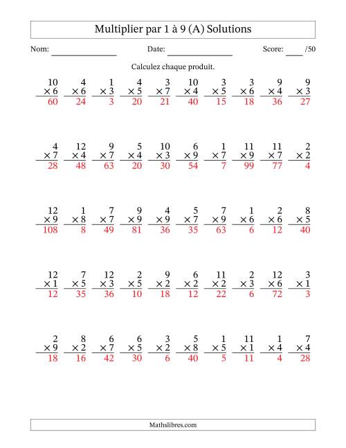 Multiplier (1 à 12) par 1 à 9 (50 Questions) (Tout) page 2