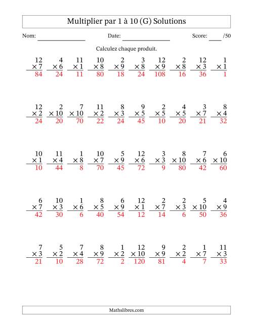 Multiplier (1 à 12) par 1 à 10 (50 Questions) (G) page 2