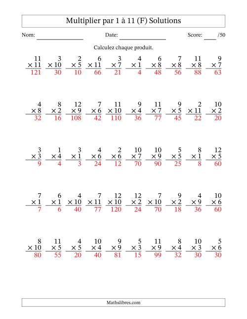 Multiplier (1 à 12) par 1 à 11 (50 Questions) (F) page 2