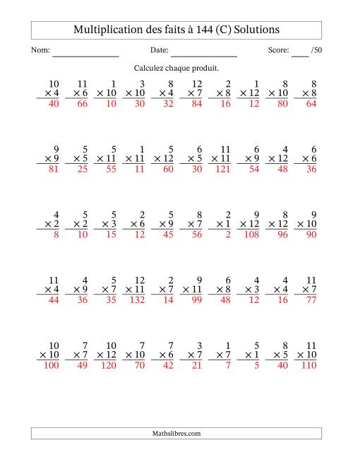 Multiplication des faits à 144 (50 Questions) (Pas de zéros) (C) page 2