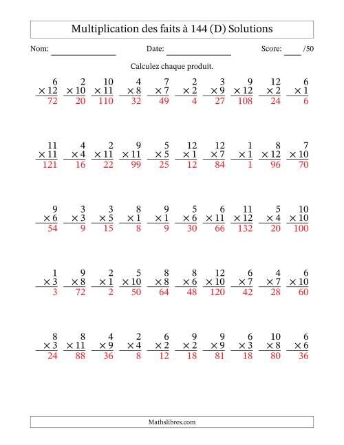 Multiplication des faits à 144 (50 Questions) (Pas de zéros) (D) page 2