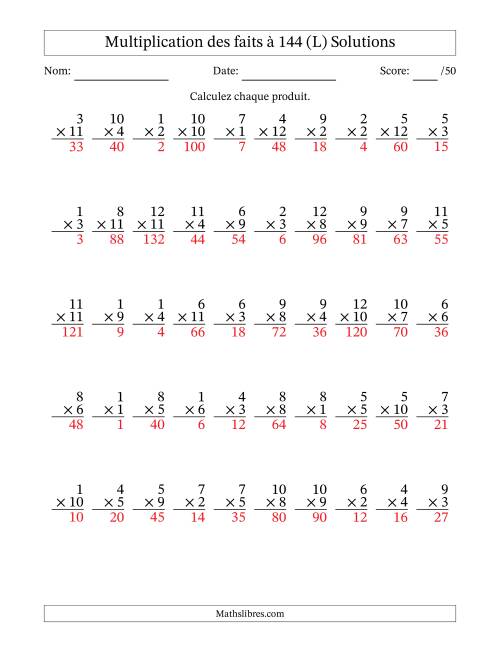 Multiplication des faits à 144 (50 Questions) (Pas de zéros) (L) page 2