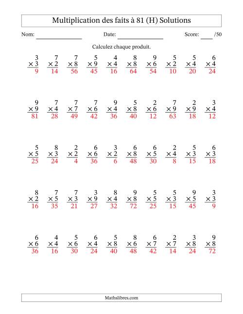 Multiplication des faits à 81 (50 Questions) (Pas de zéros ni de uns) (H) page 2