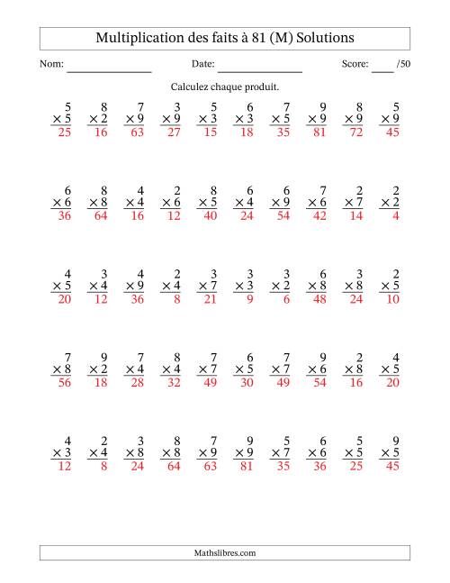 Multiplication des faits à 81 (50 Questions) (Pas de zéros ni de uns) (M) page 2