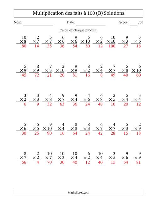 Multiplication des faits à 100 (50 Questions) (Pas de zéros ni de uns) (B) page 2