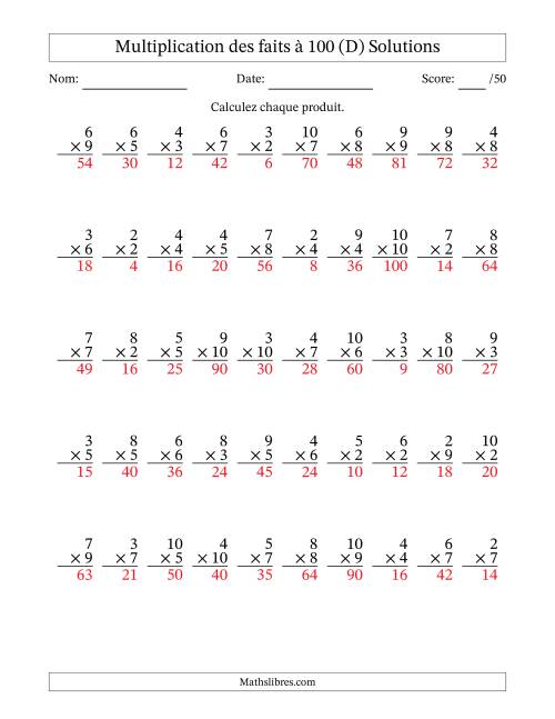 Multiplication des faits à 100 (50 Questions) (Pas de zéros ni de uns) (D) page 2