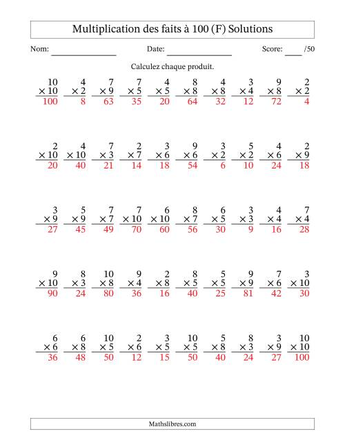 Multiplication des faits à 100 (50 Questions) (Pas de zéros ni de uns) (F) page 2