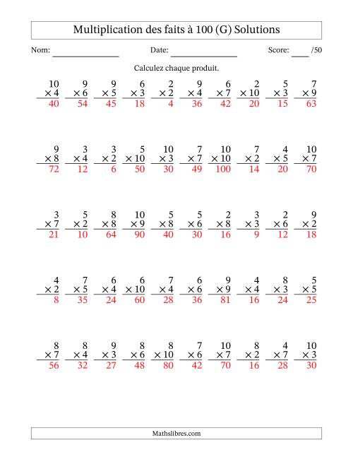 Multiplication des faits à 100 (50 Questions) (Pas de zéros ni de uns) (G) page 2