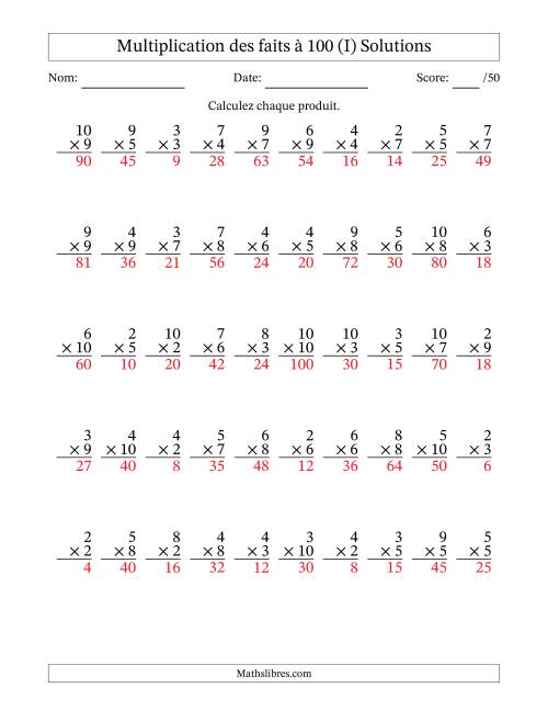 Multiplication des faits à 100 (50 Questions) (Pas de zéros ni de uns) (I) page 2