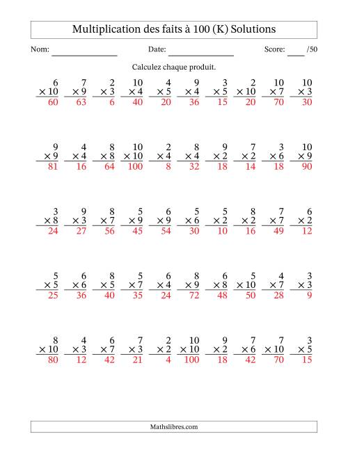 Multiplication des faits à 100 (50 Questions) (Pas de zéros ni de uns) (K) page 2