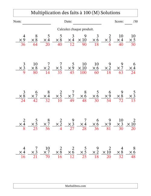 Multiplication des faits à 100 (50 Questions) (Pas de zéros ni de uns) (M) page 2