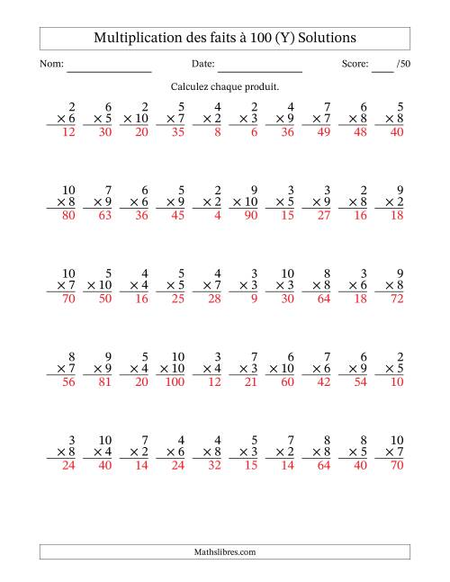 Multiplication des faits à 100 (50 Questions) (Pas de zéros ni de uns) (Y) page 2